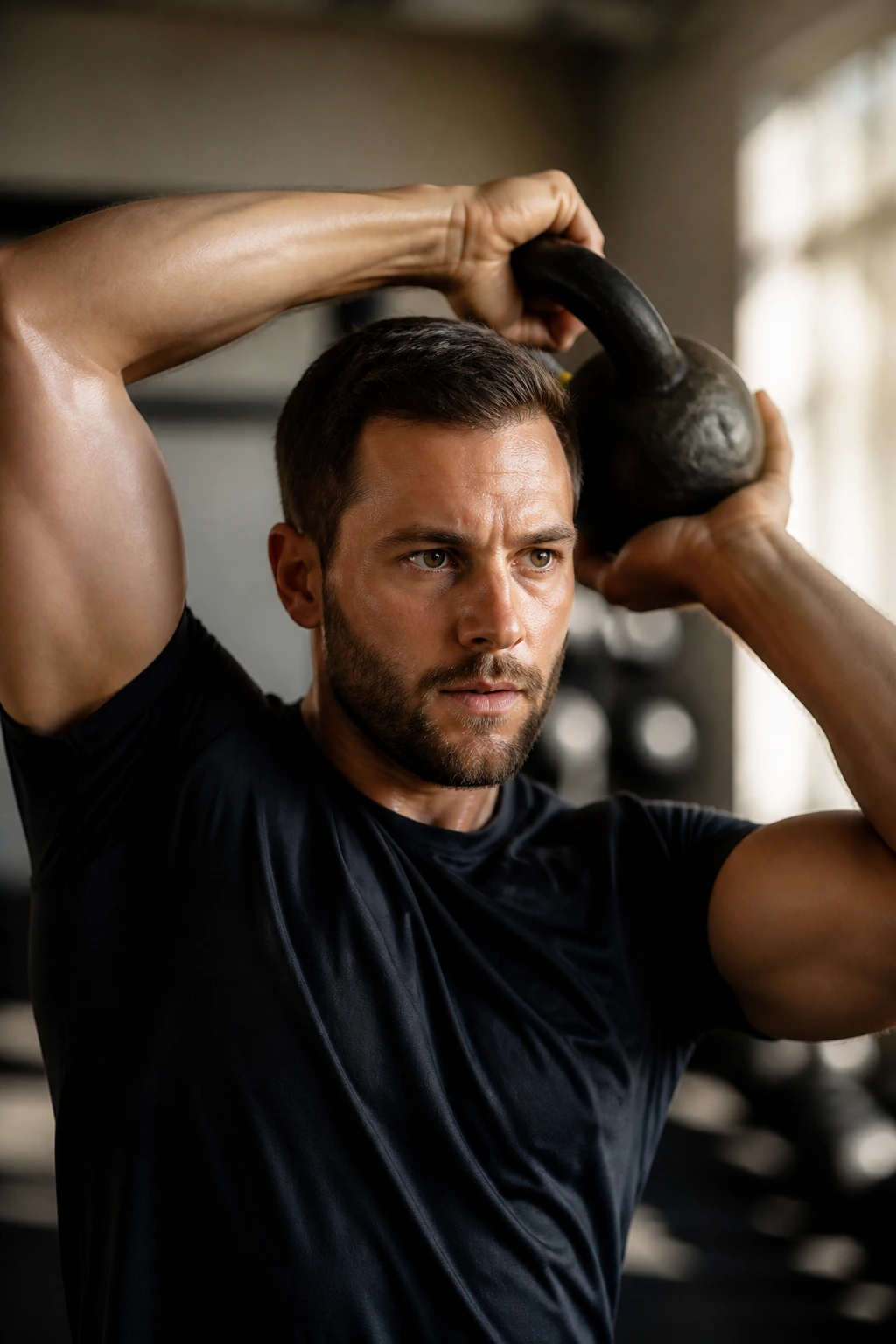 Athlete performing halos with kettlebell around the head in a gym
