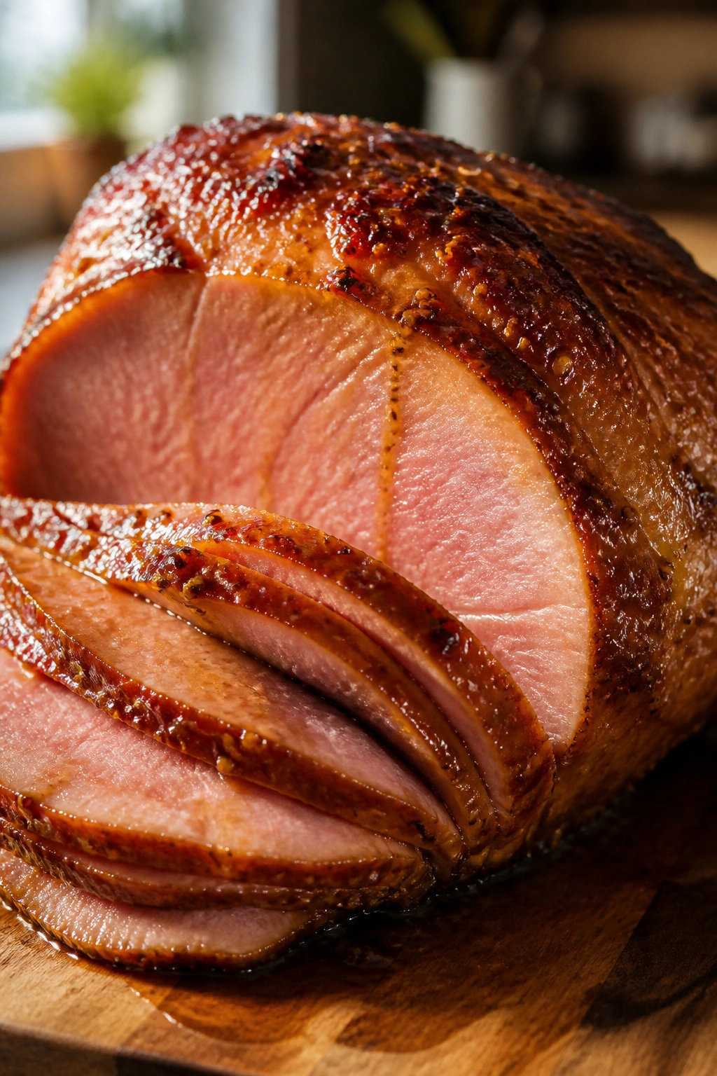 Glazed baked ham slices on carving board
