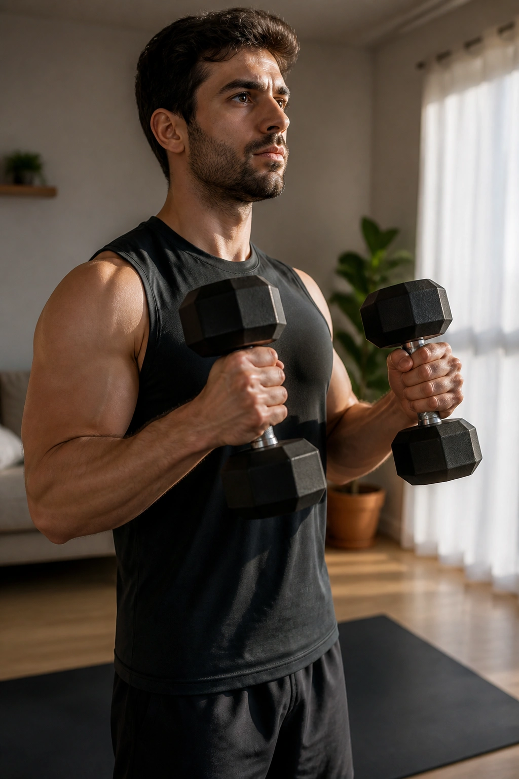 Close-up of arms performing a hammer curl with neutral grip in a home gym.