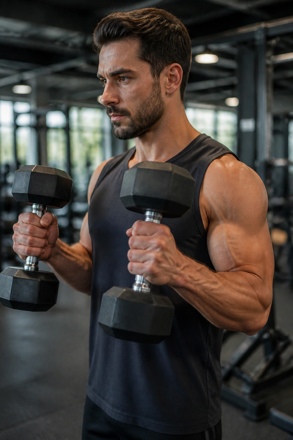 Close-up of hammer curl emphasizing brachialis in a real lifter