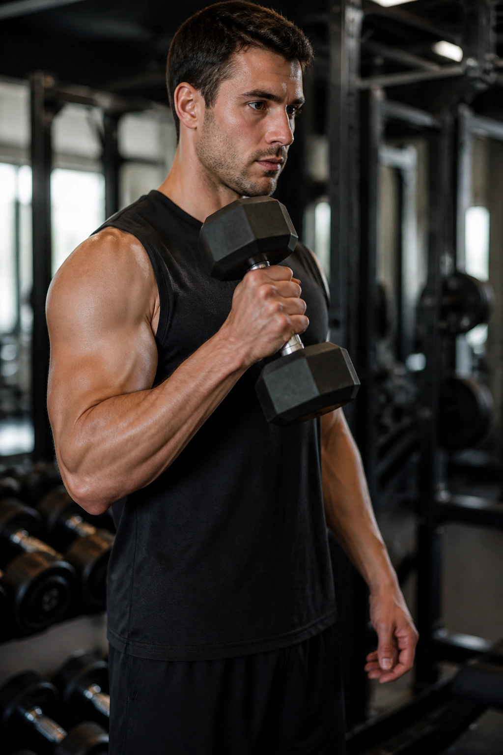 Close-up of hammer curl with neutral grip on a real person in a gym