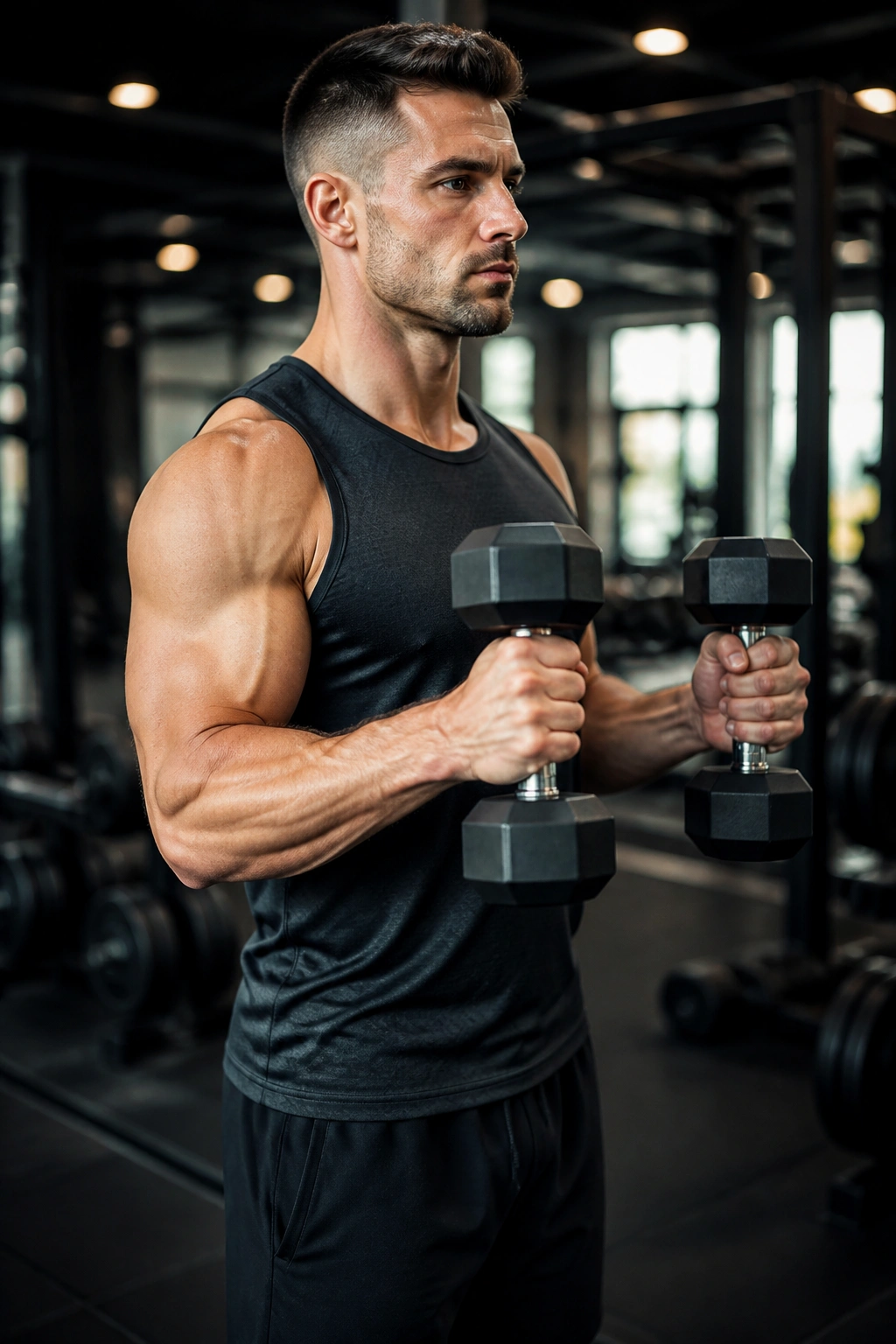 Lifter performing hammer curl, showing brachialis development.