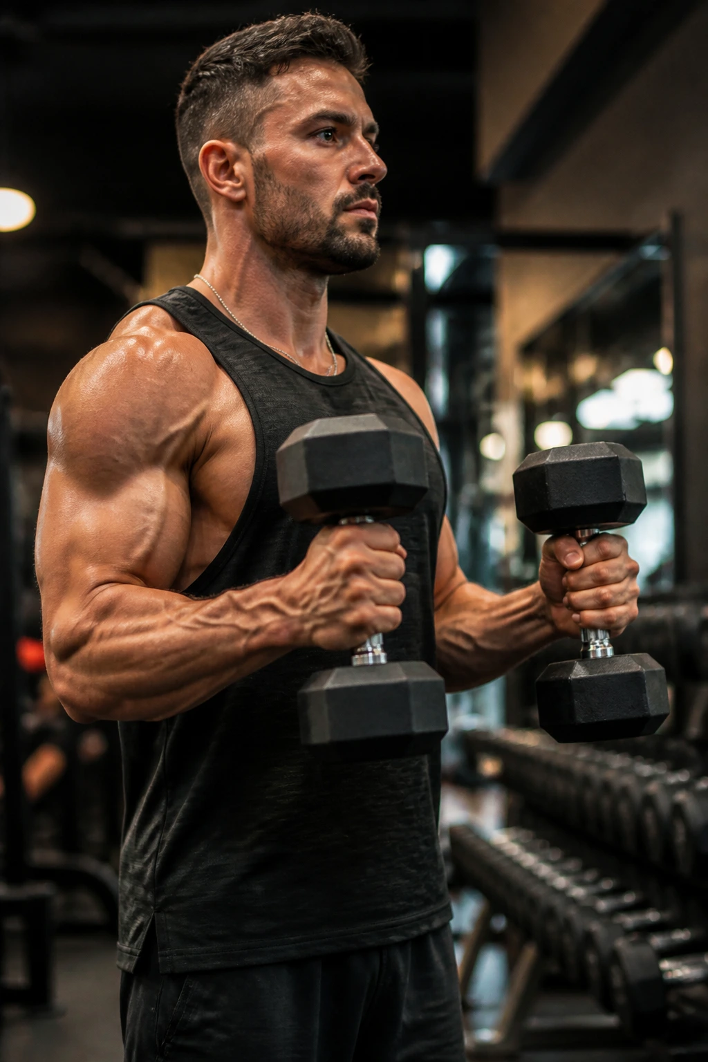 Close-up of hammer curl focusing on forearms and biceps in gym.
