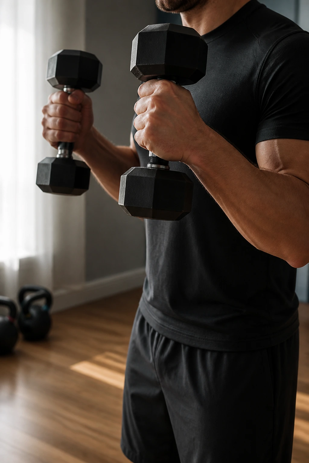 Forearms and dumbbells performing a hammer curl in a home gym.