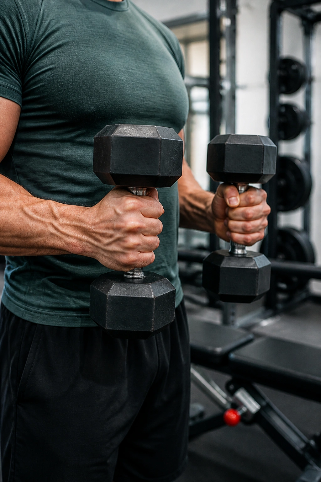Close-up of hammer curl grip with dumbbells in gym
