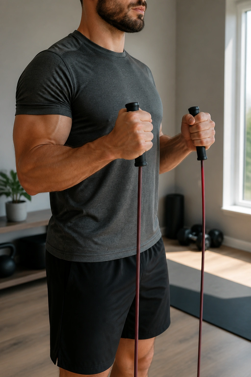 Close-up of hammer curl with neutral grip on resistance band.