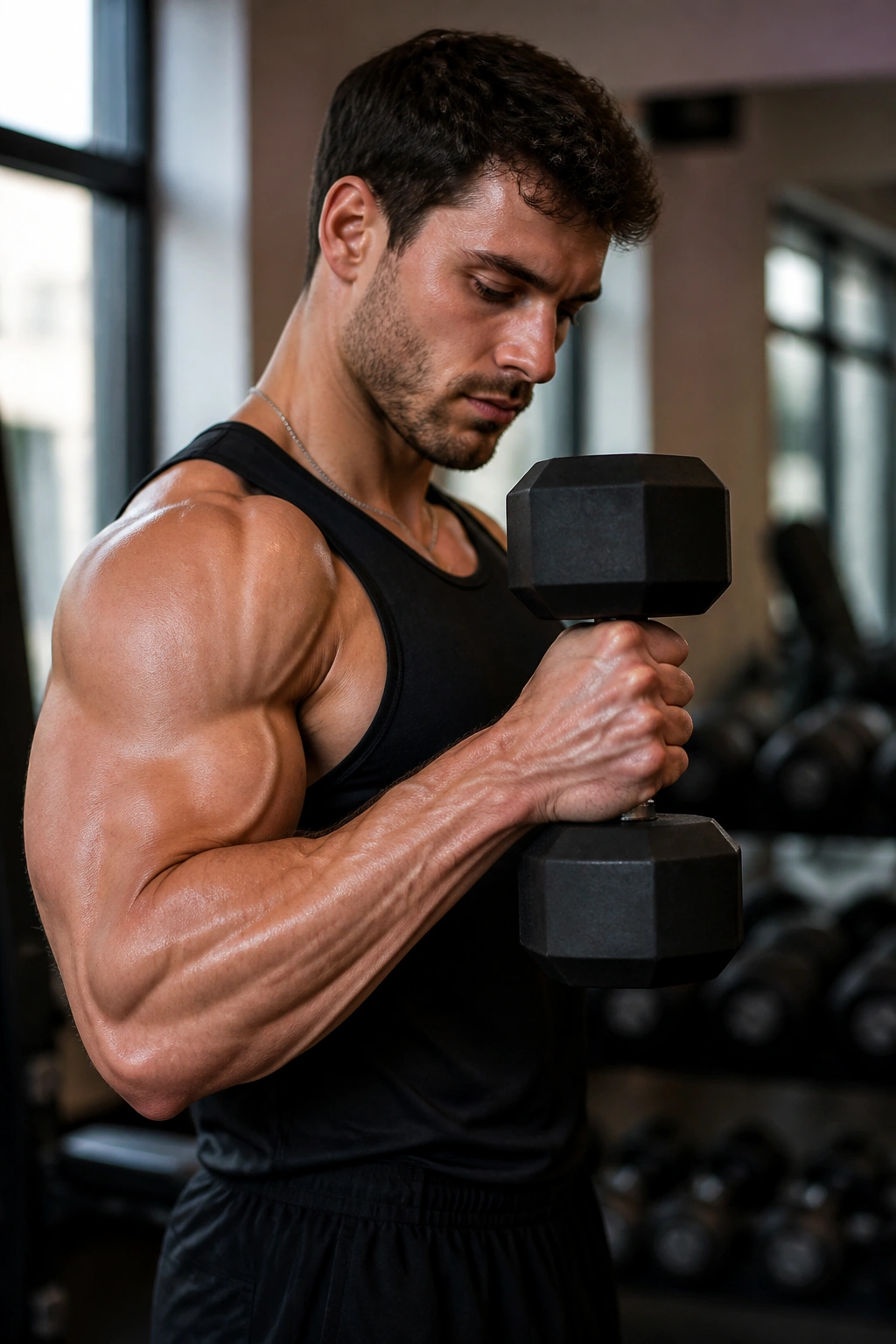 Lifter performing hammer curl with neutral grip in a gym