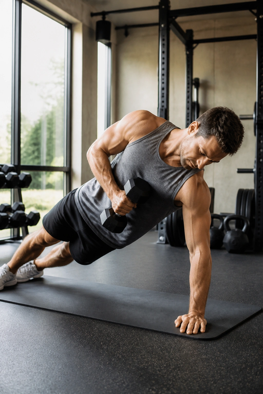 Person doing hammer curl in a side plank reach-through position