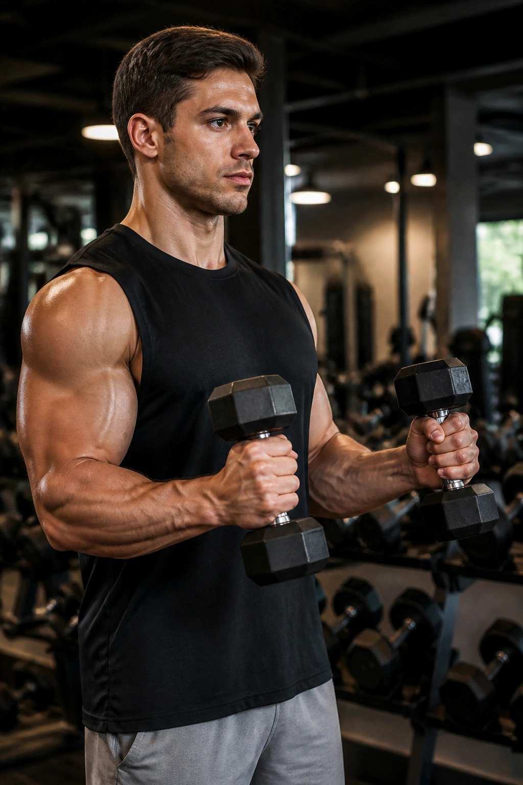 Medium close-up of hammer curls showing neutral grip and forearm engagement