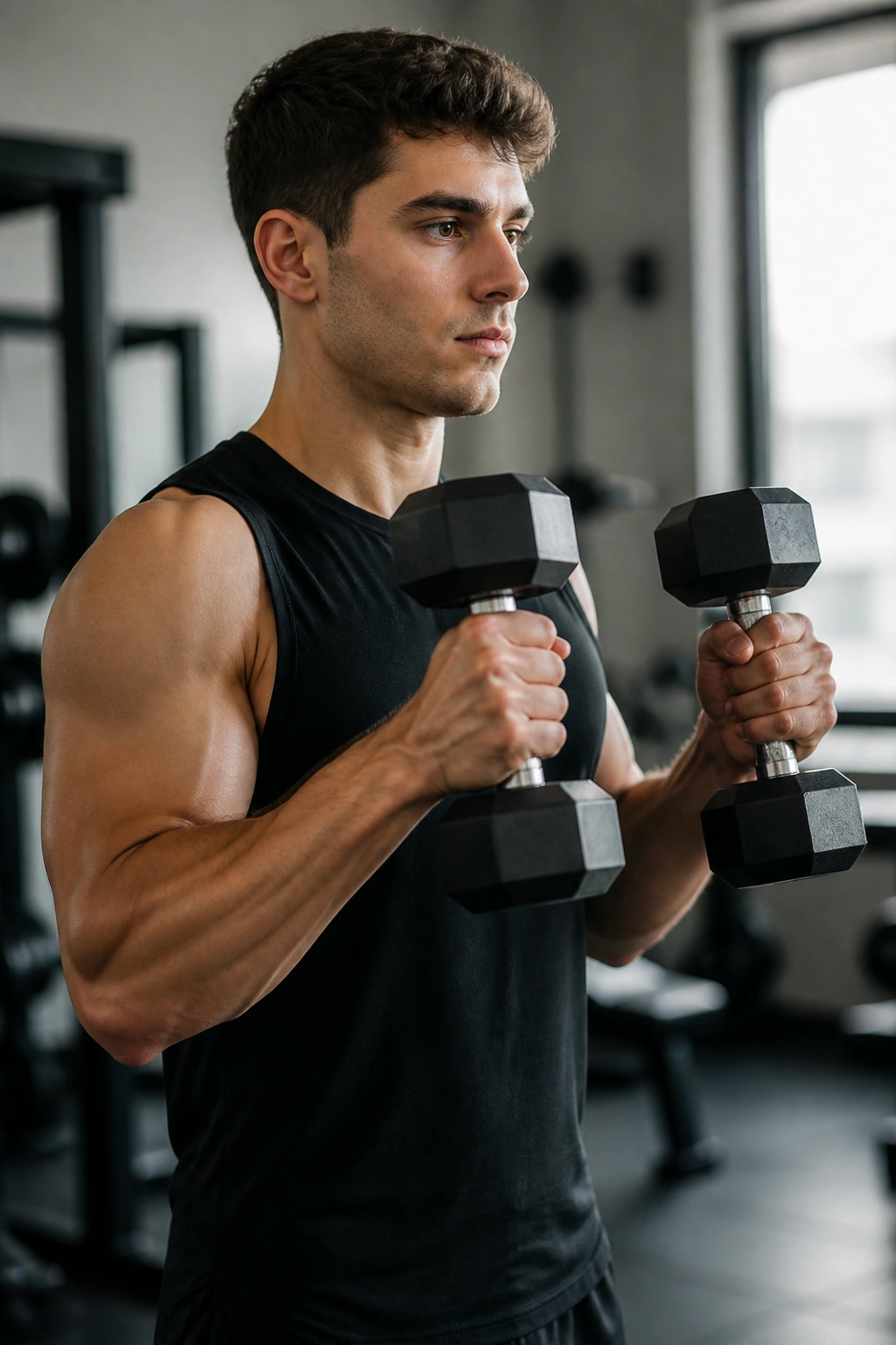 Forearm and bicep engaged in hammer curls with neutral grip