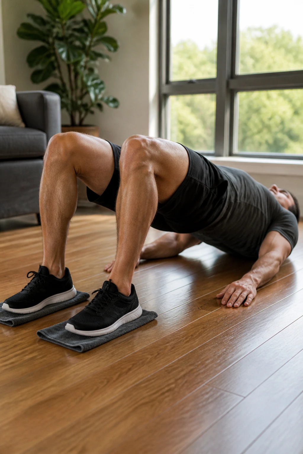 Person performing hamstring heel dig bridge with heels on towels