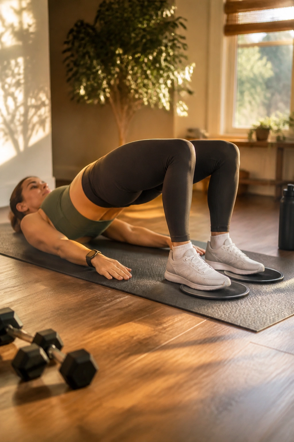 Close-up of a person performing hamstring curl bridge flow on a mat with sliders