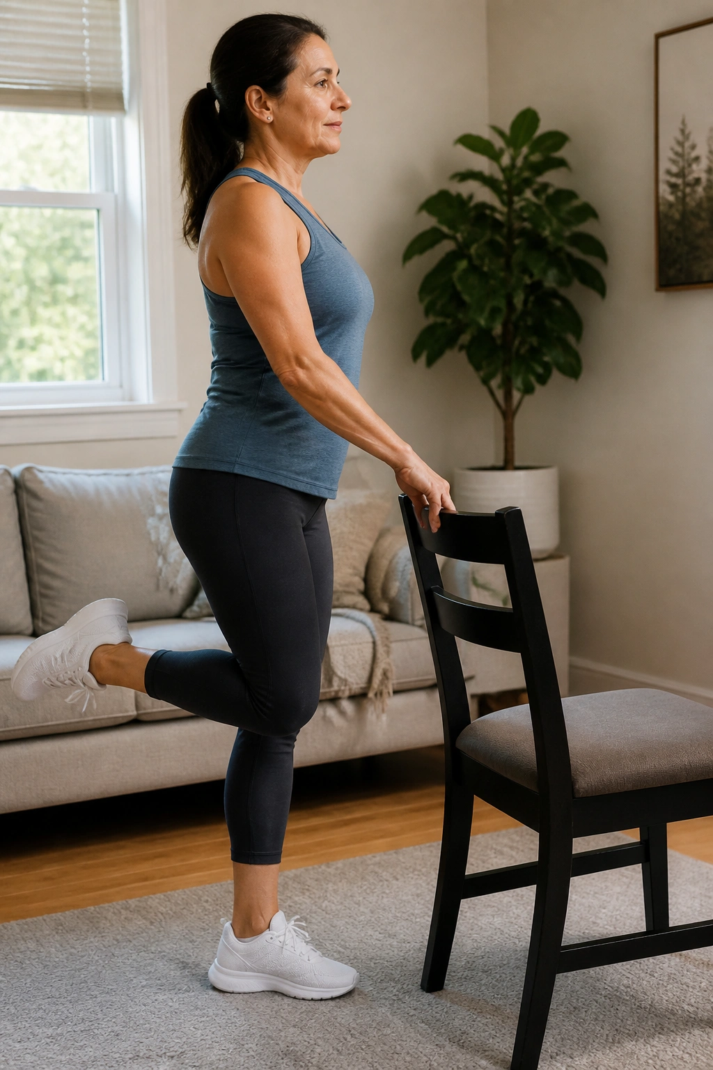 Person performing supported hamstring curl beside a chair at home