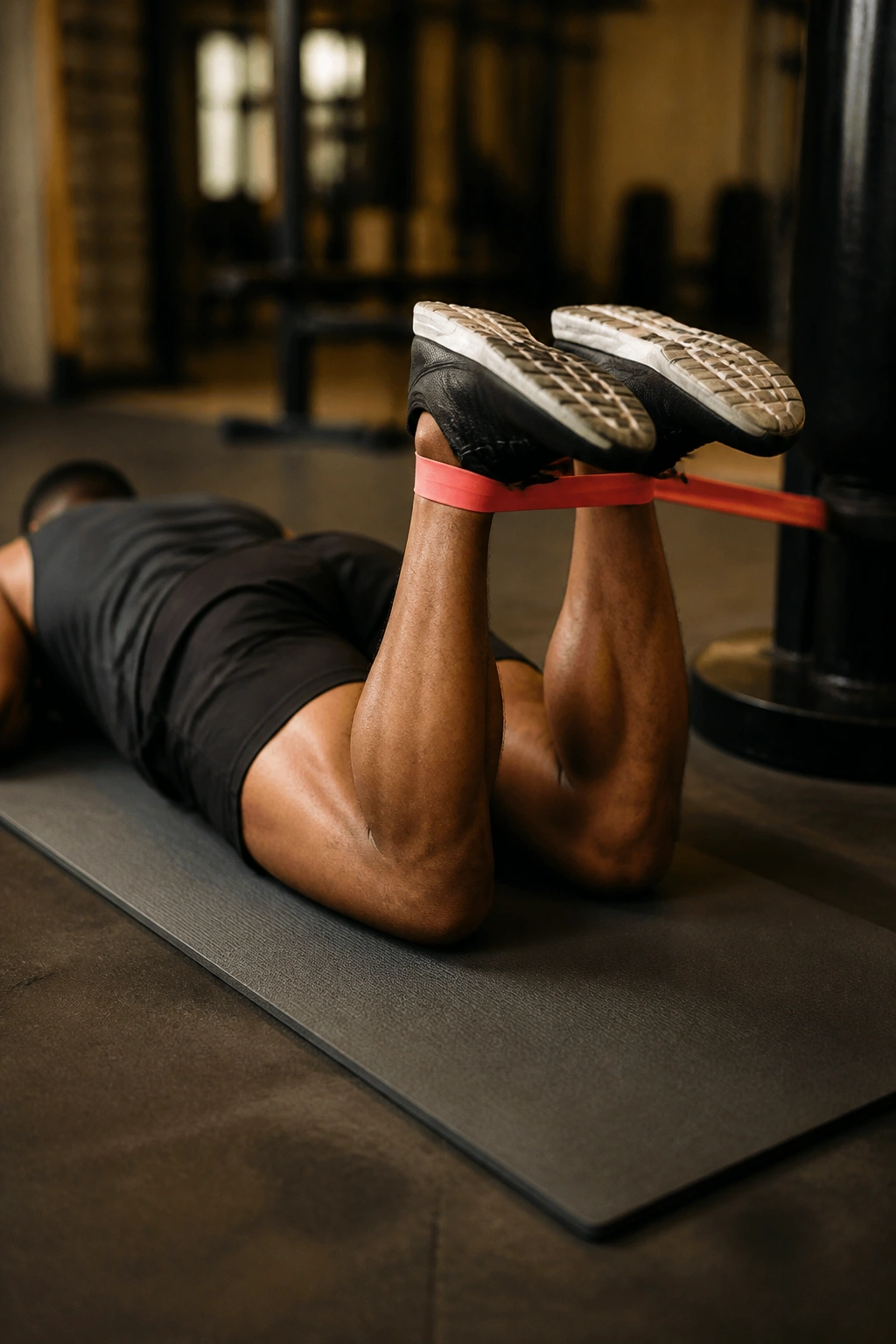 Close-up of hamstrings being worked with resistance band while lying face down