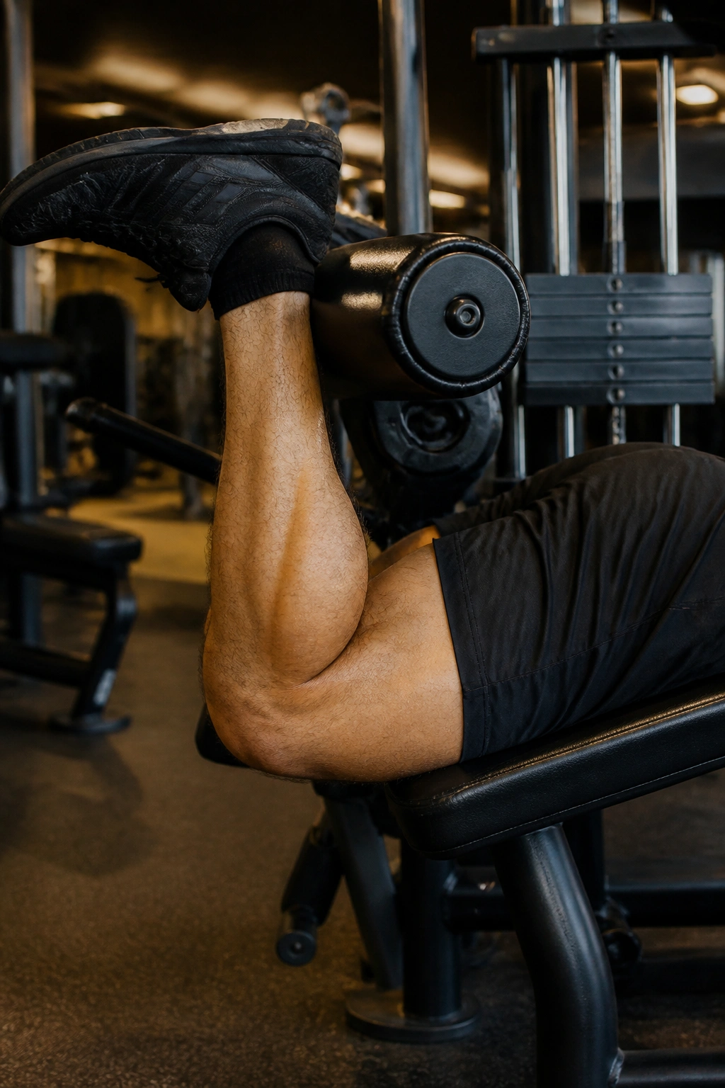 Close-up of hamstring curl on a leg curl machine in gym