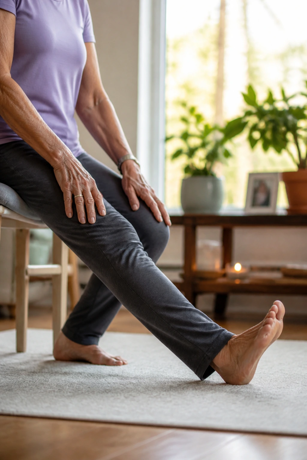 Close-up of a senior performing hamstring stretch with one leg extended on a chair