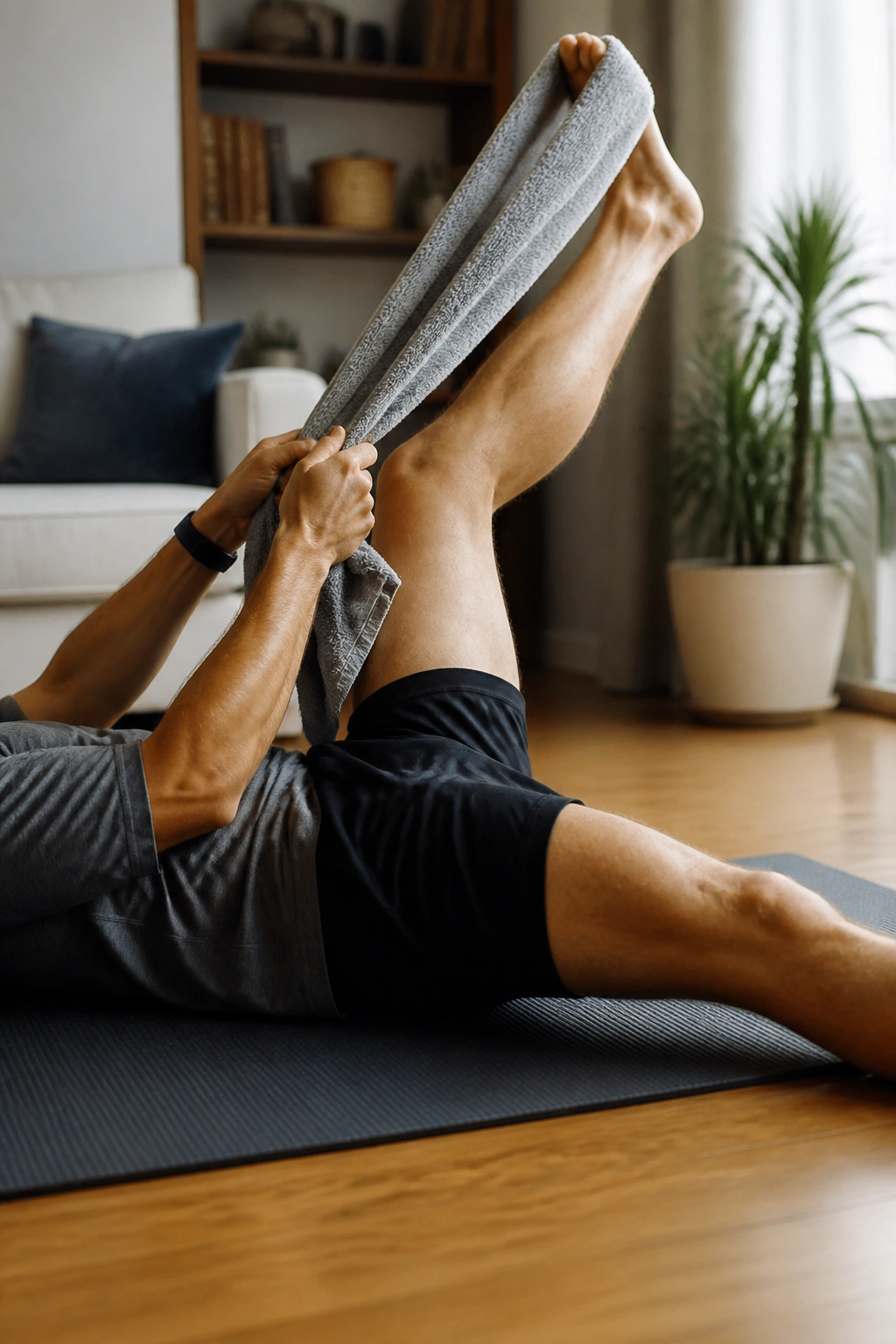 Close-up of a leg performing hamstring flossing with a towel around the foot on a yoga mat