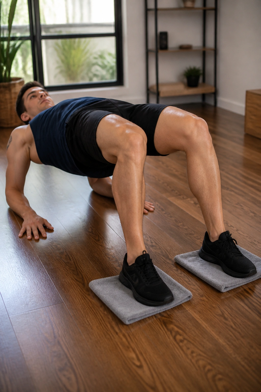 Close-up of a person performing hamstring slide curls with towels under heels.