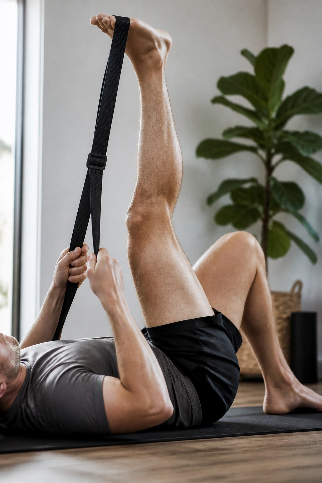 Person performing hamstring strap stretch lying on back with strap around foot
