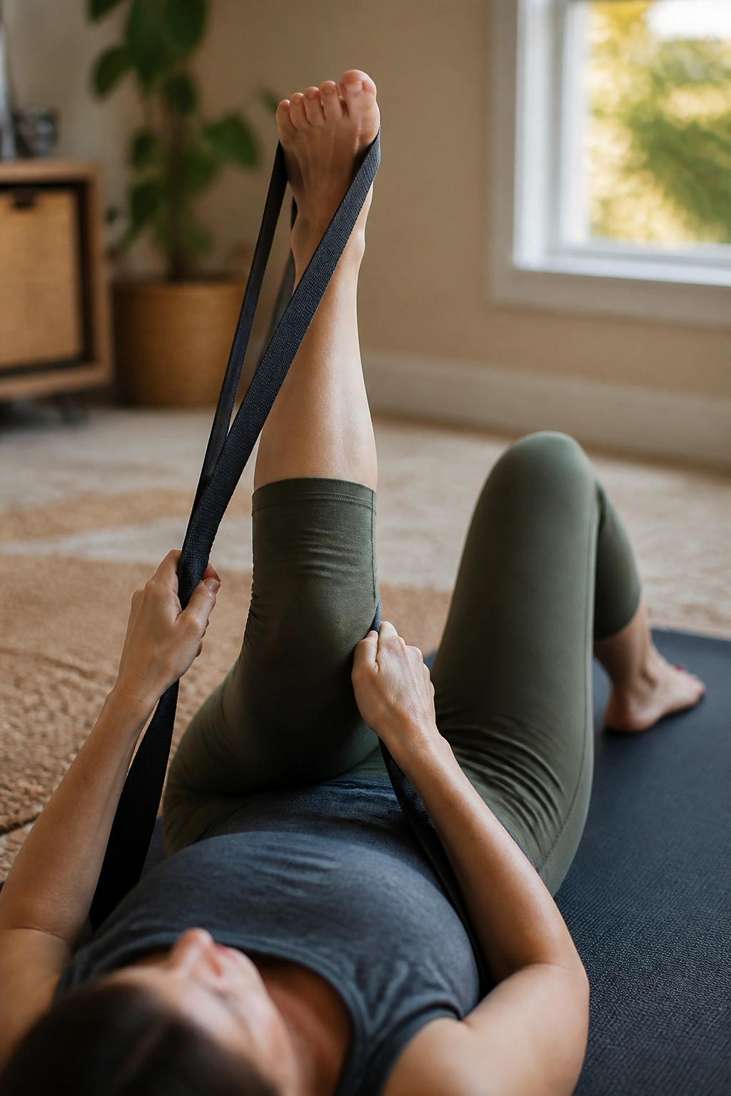 Close-up of leg with strap for hamstring stretch on a home floor