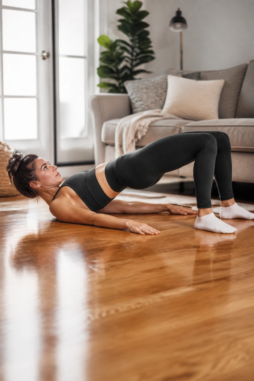 Person in glute bridge performing hamstring walkouts on wooden floor