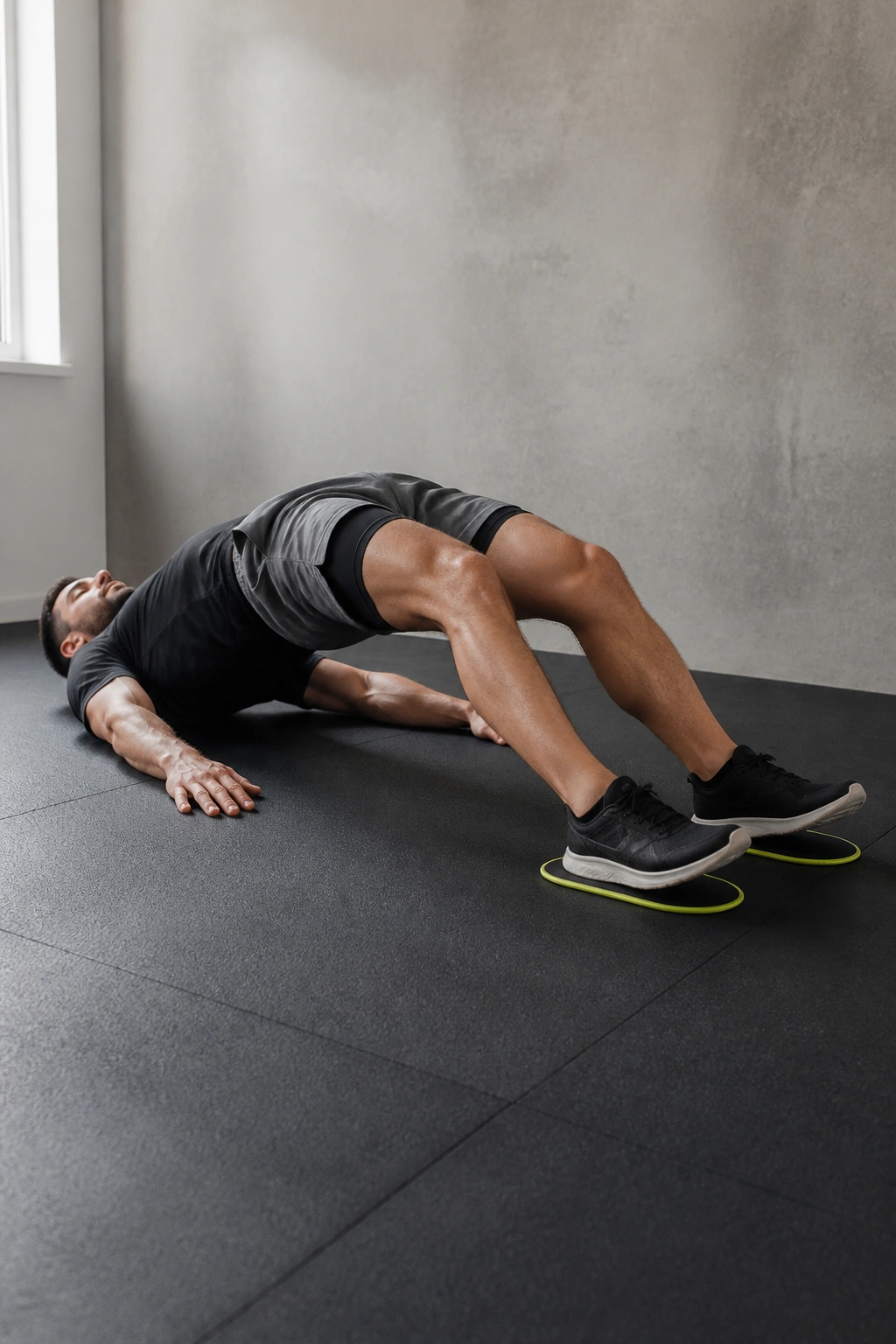 Mid-shot of a person performing slider hamstring walkouts on sliders.