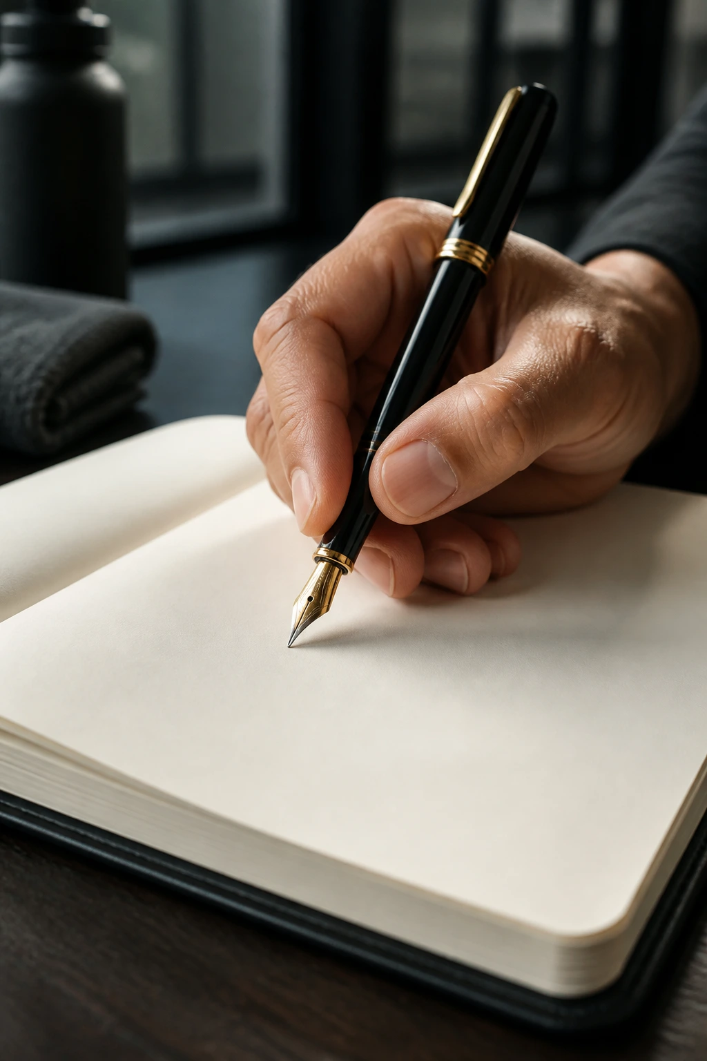 Close-up of a hand with a fountain pen over blank page