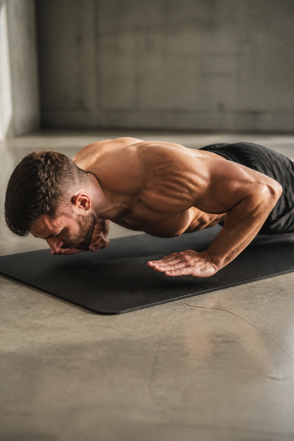 Person performing hand-release push-up on floor mat