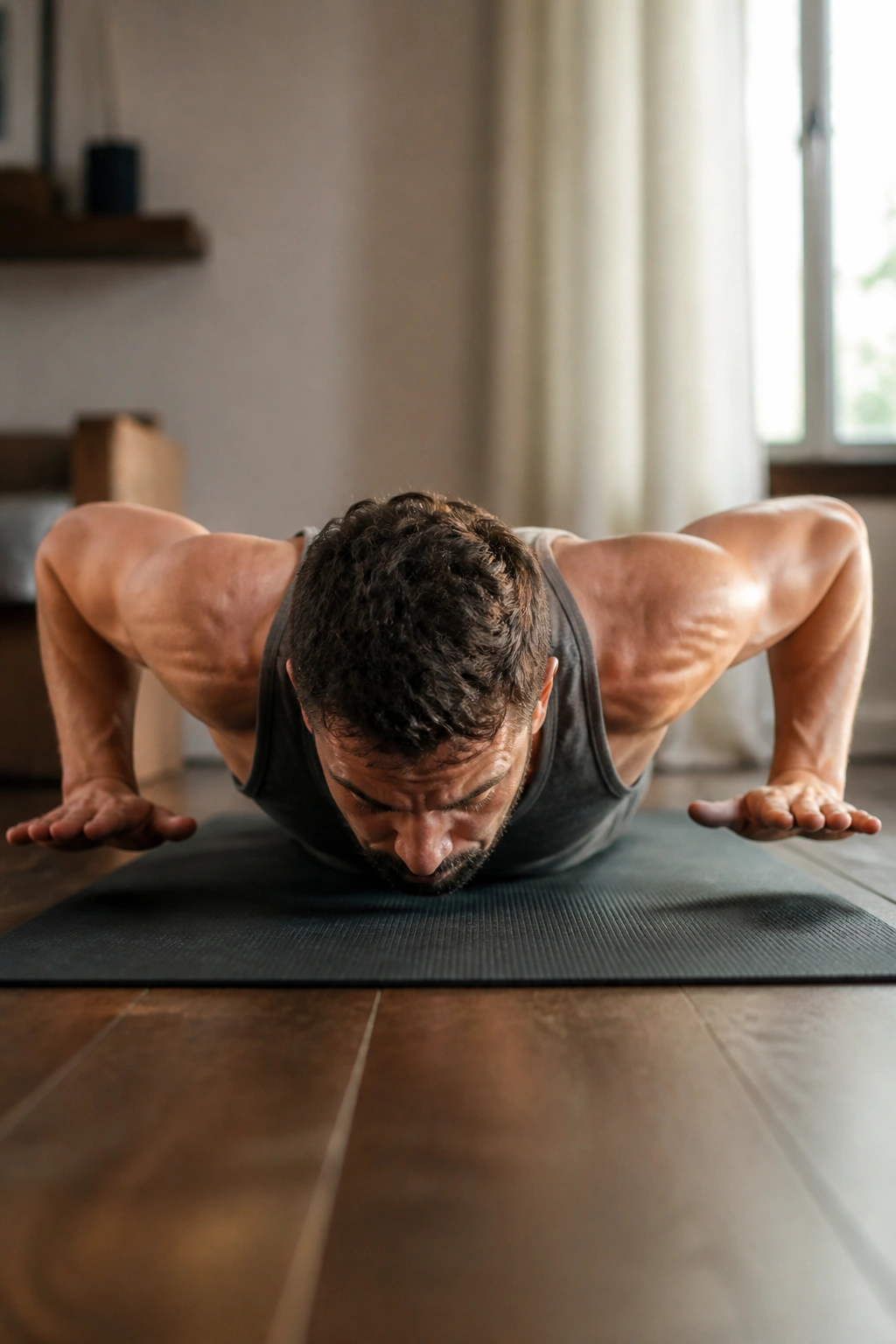 Hand-release push-up with hands lifting off the floor at bottom
