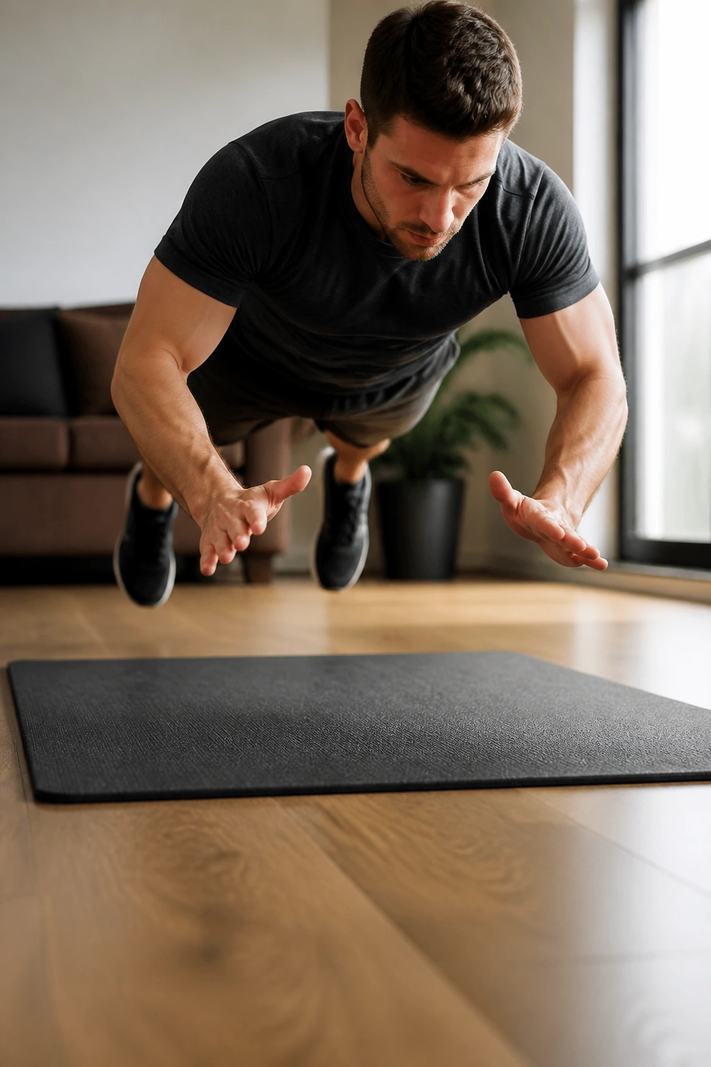 Real person performing hand-release push-ups with hands lifting off floor