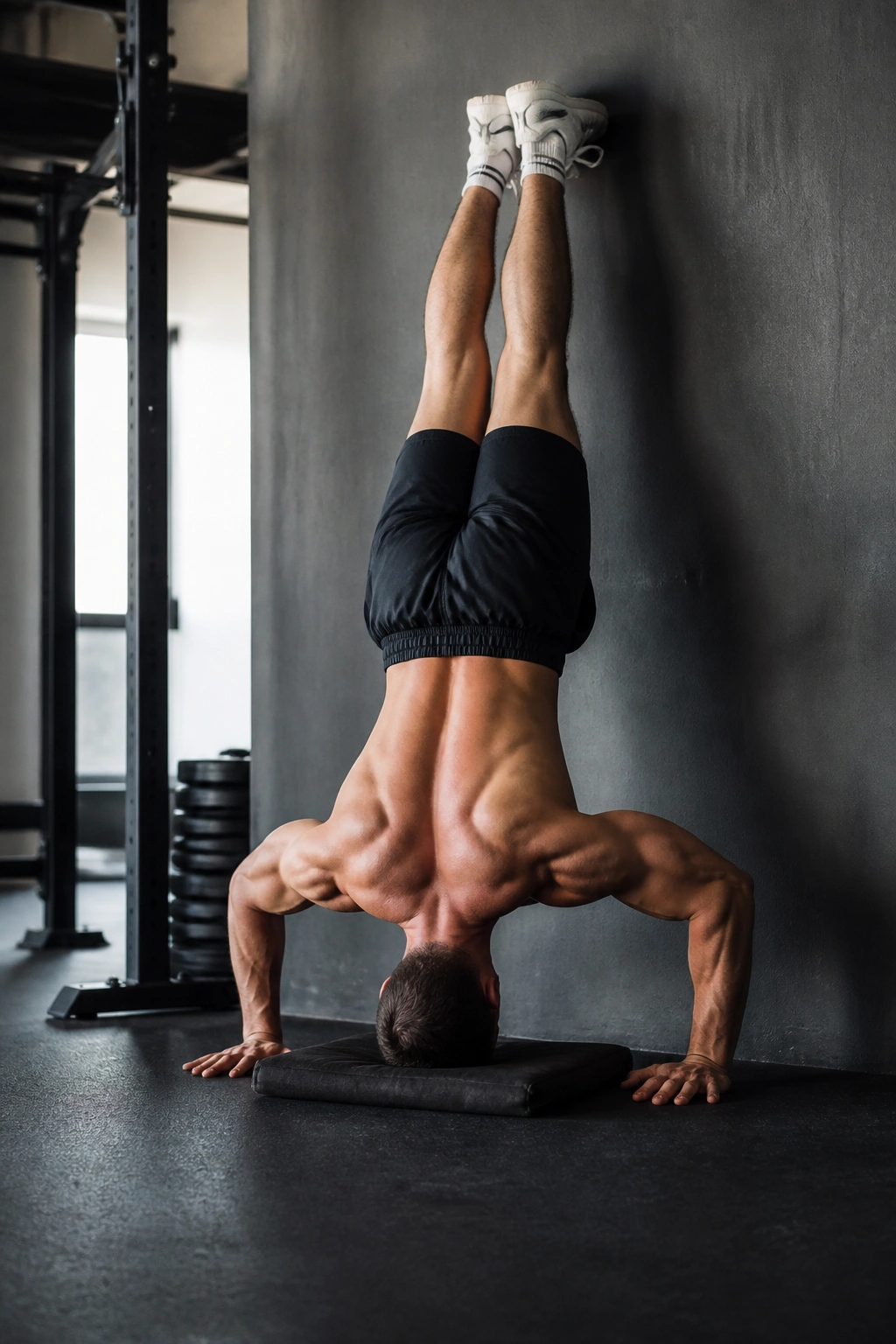Mid-frame portrait of a real person performing a wall-supported handstand push-up