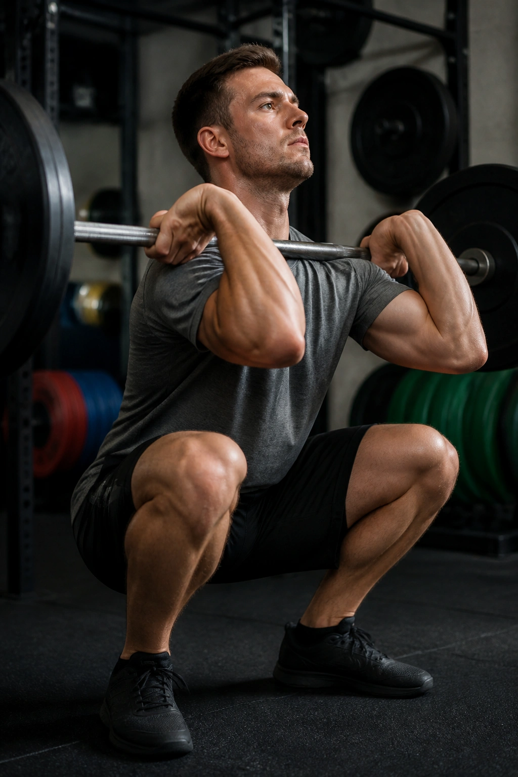 Athlete performing hang power clean into front squat in gym