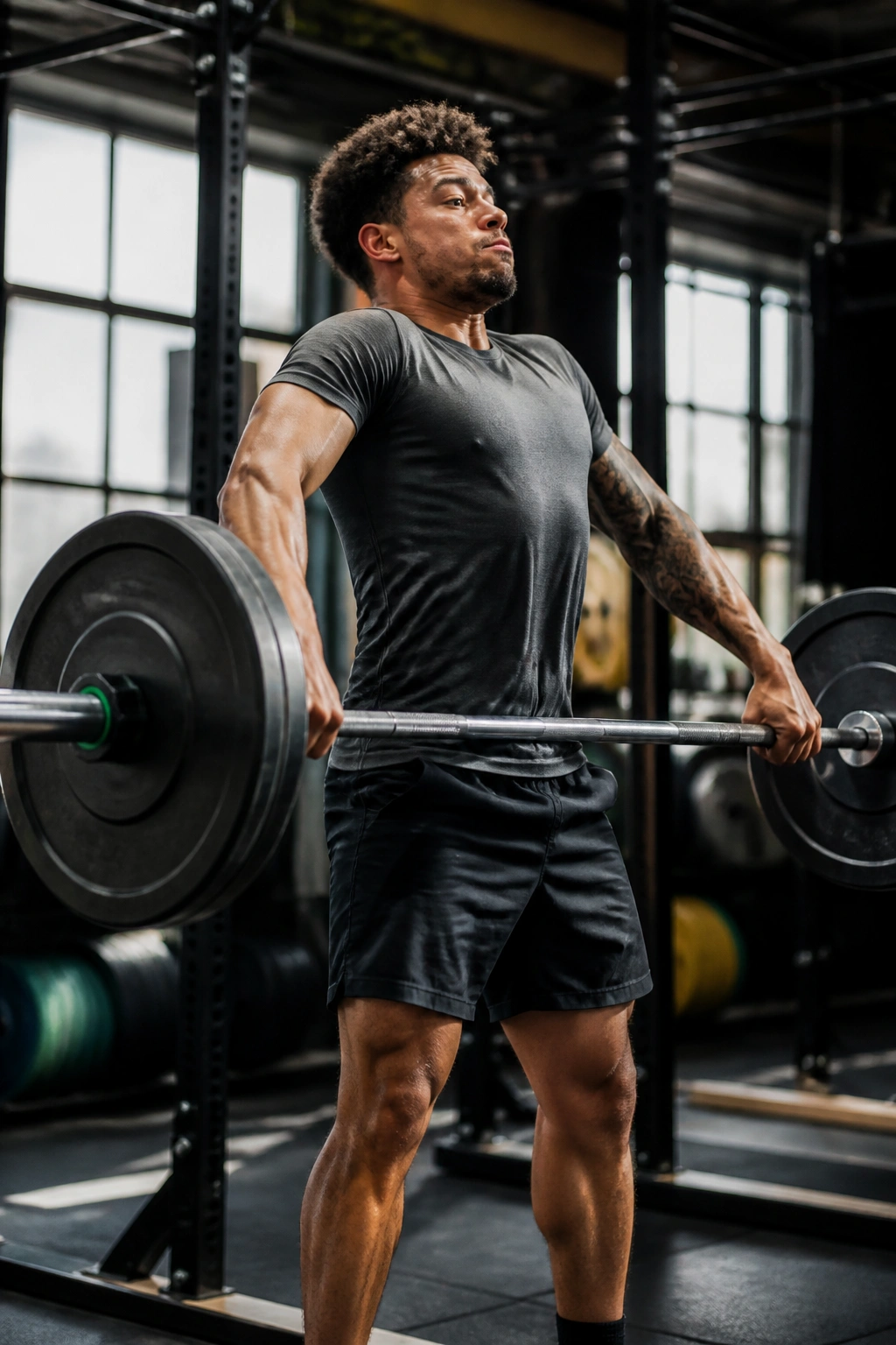 Real athlete performing hang snatch pulls in a gym with barbell at hip height