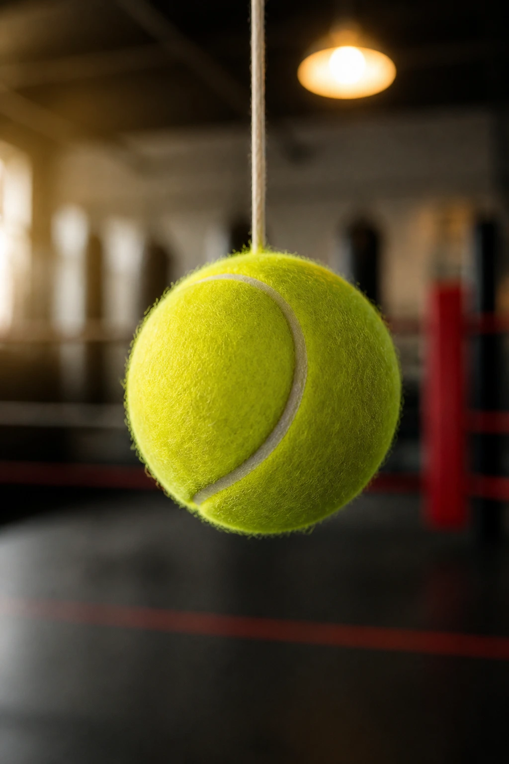 Close-up of a tennis ball hanging from a string in a gym