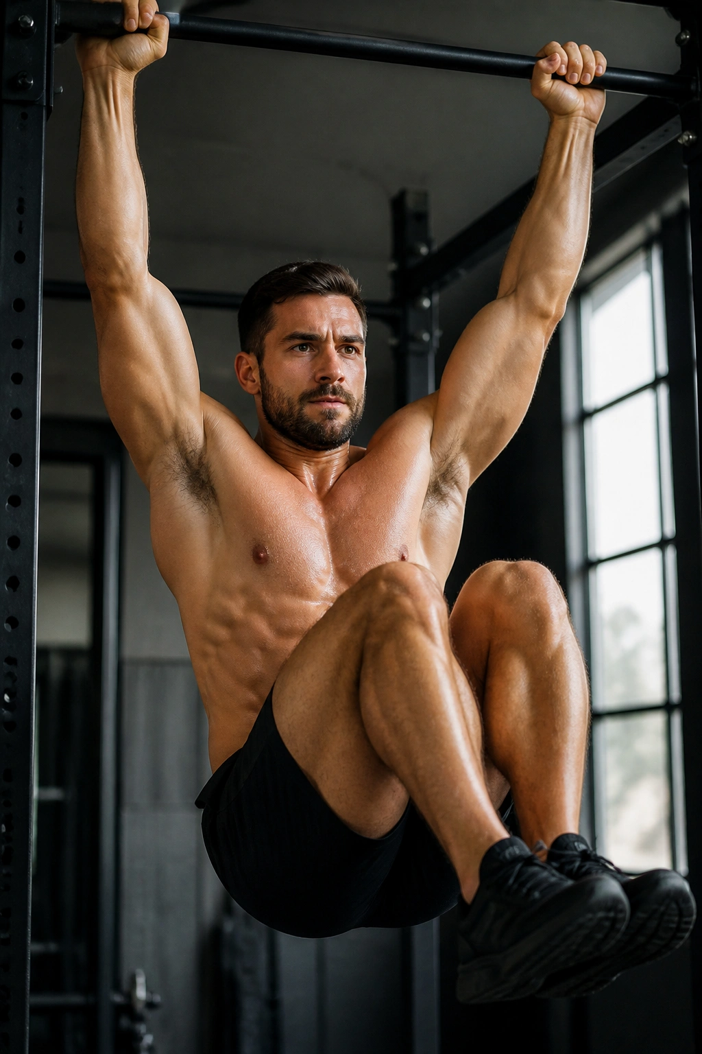 Close-up of a person performing a hanging knee raise with knees to chest.