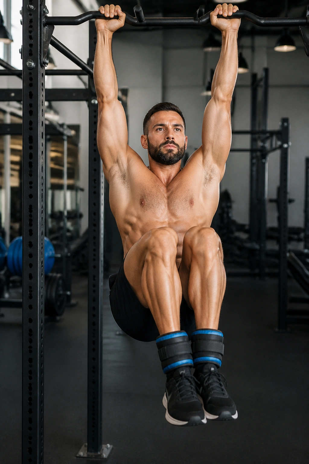 Person on a pull-up bar performing hanging knee raise with ankle weights