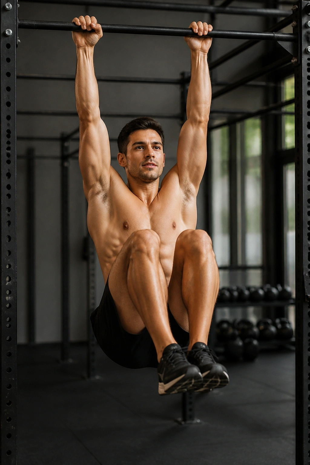Real person performing Hanging Knee Raise from a bar for core strength