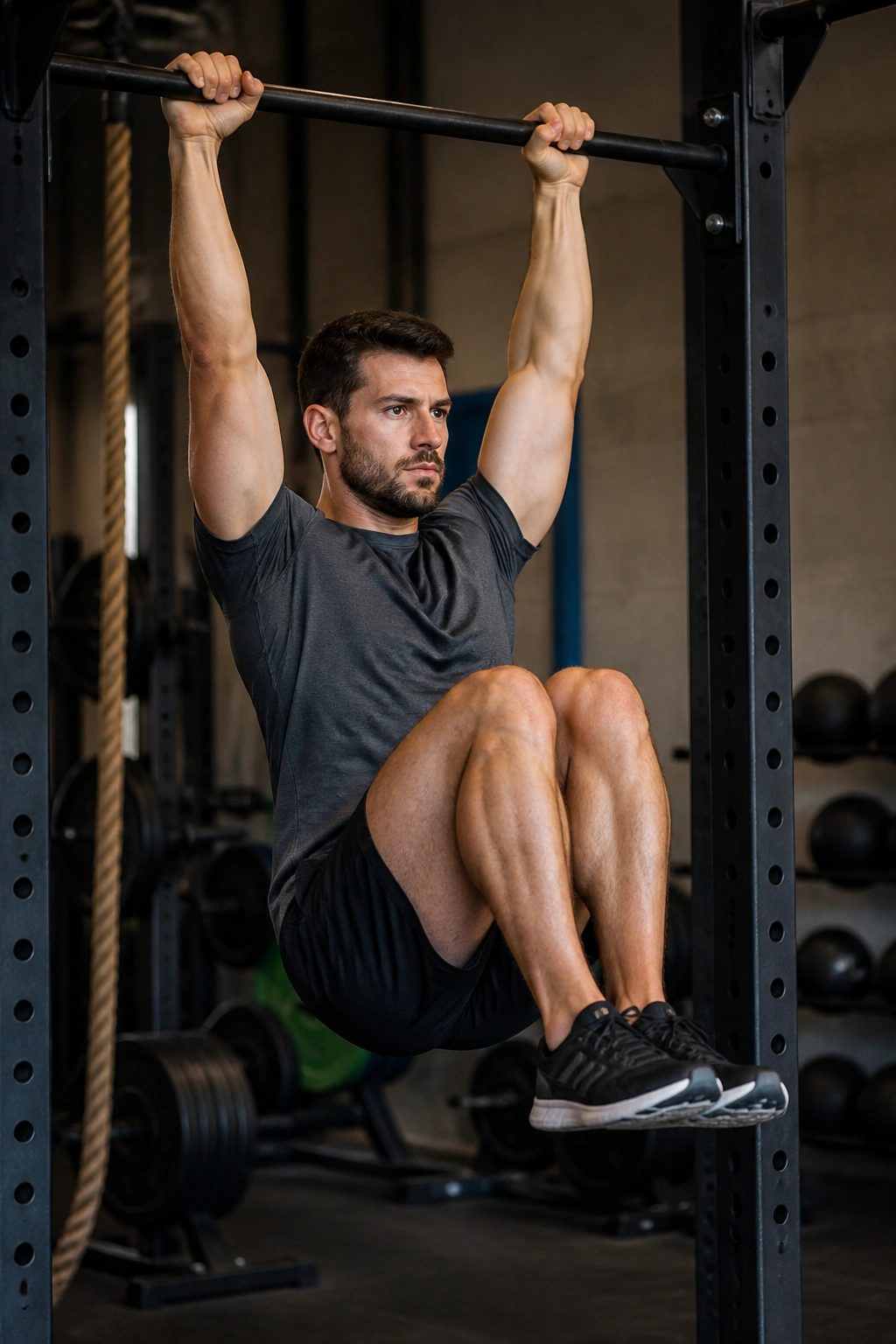 Person performing hanging knee raise on a pull-up bar with controlled knee tuck