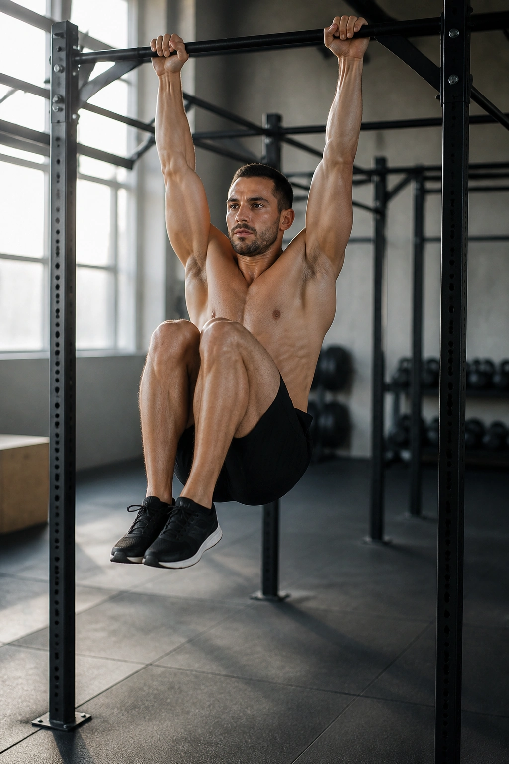 Real athlete performing hanging knee raise on pull-up bar in gym, core engaged