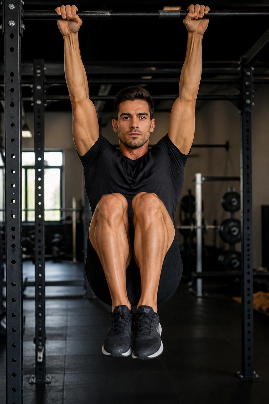 Medium close-up of a person hanging knee raise with knees to chest on a pull-up bar.