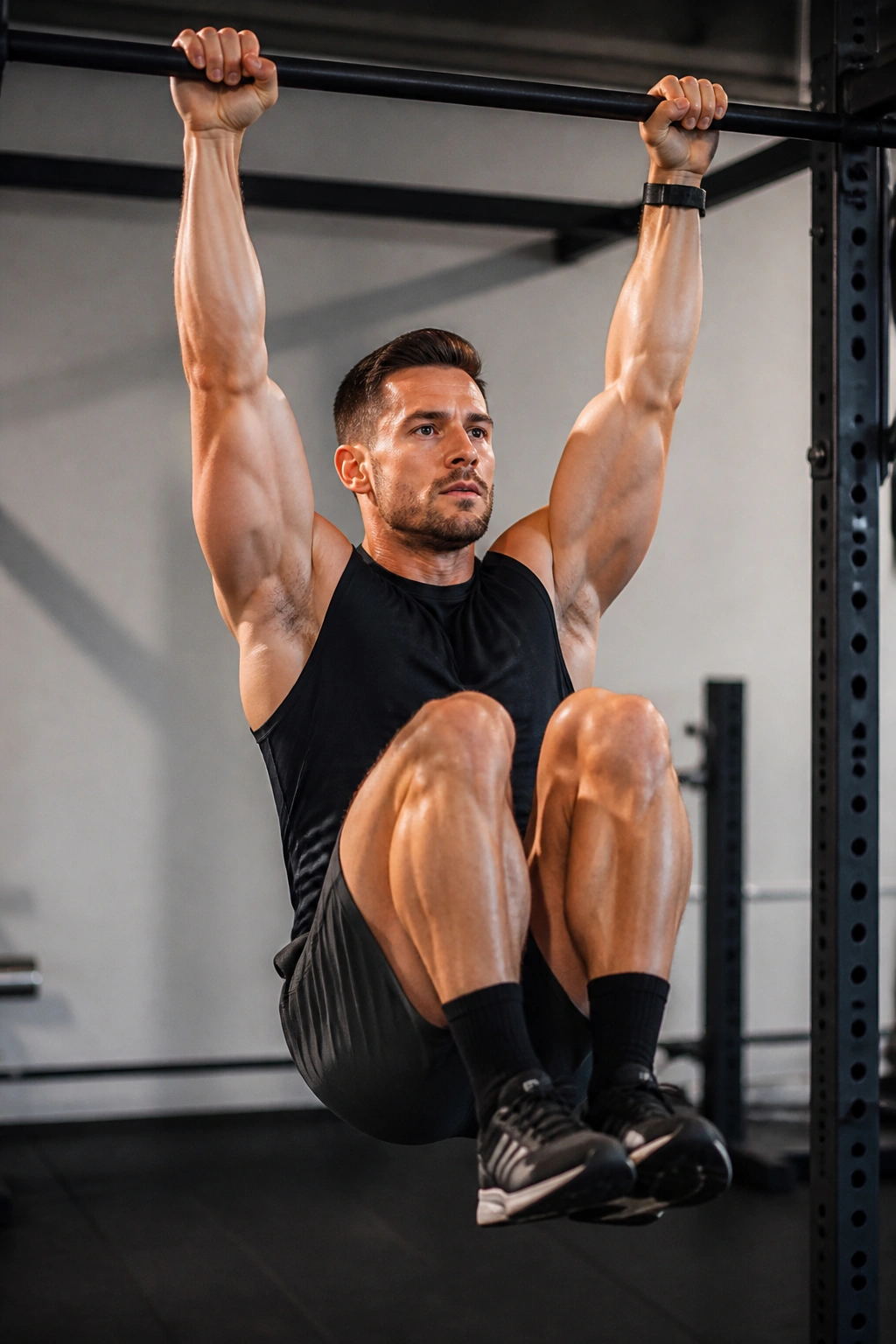 Close-up of a person performing hanging knee raises to target lower abs in a gym