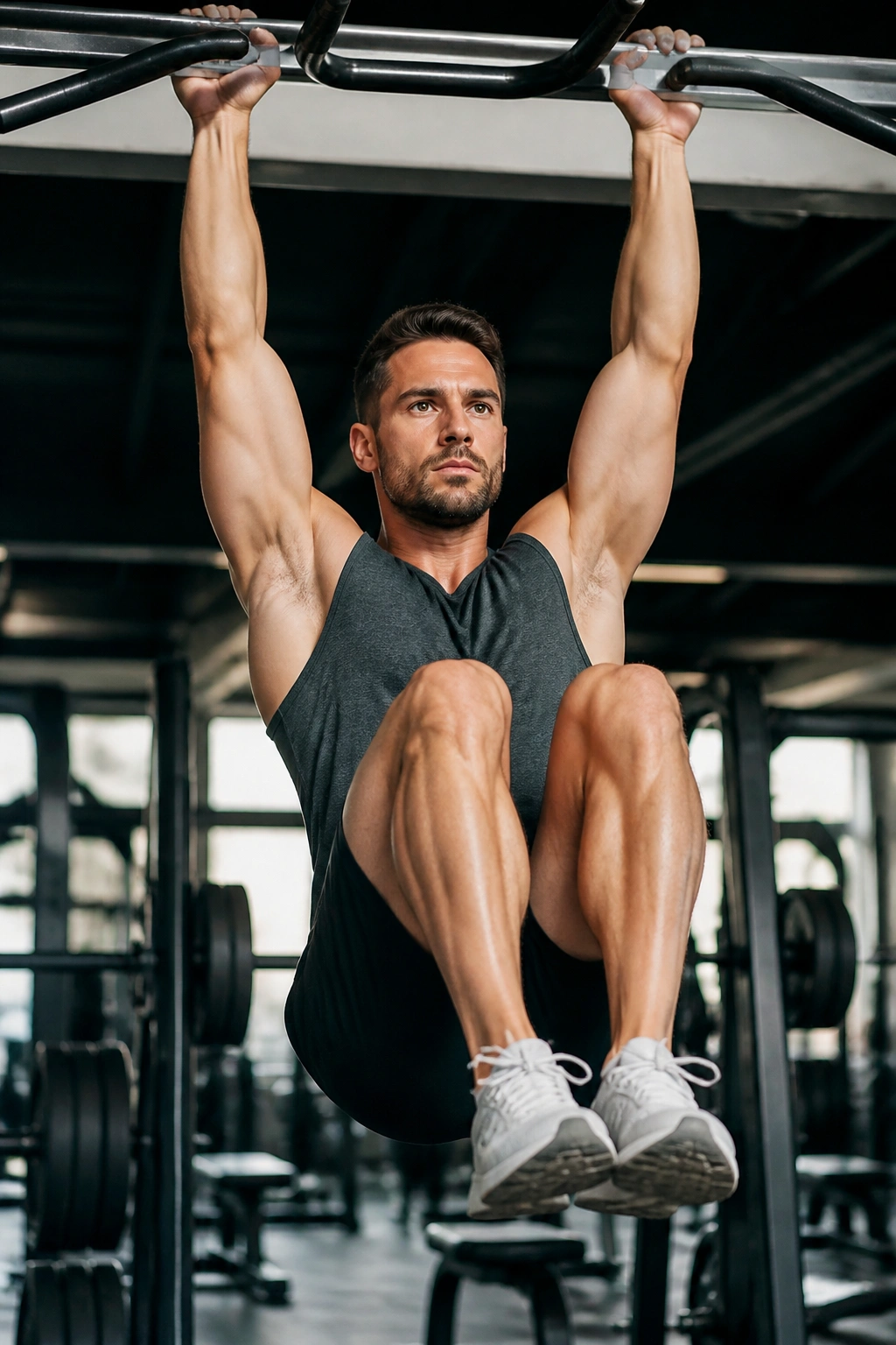 Hanging Knee Raise with knees bent toward the chest on a pull-up bar