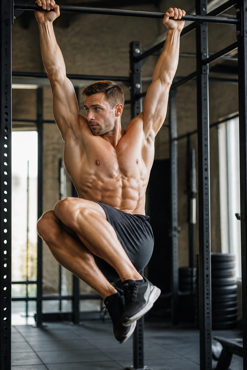 Person performing hanging knee raise with twist on a bar