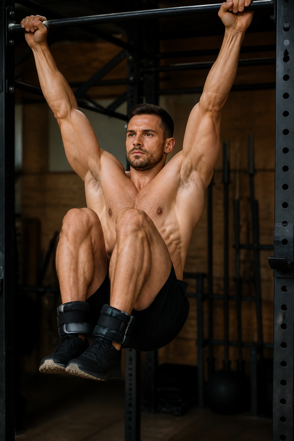 Close-up of athlete performing weighted hanging knee raises with ankle weights in a gym.