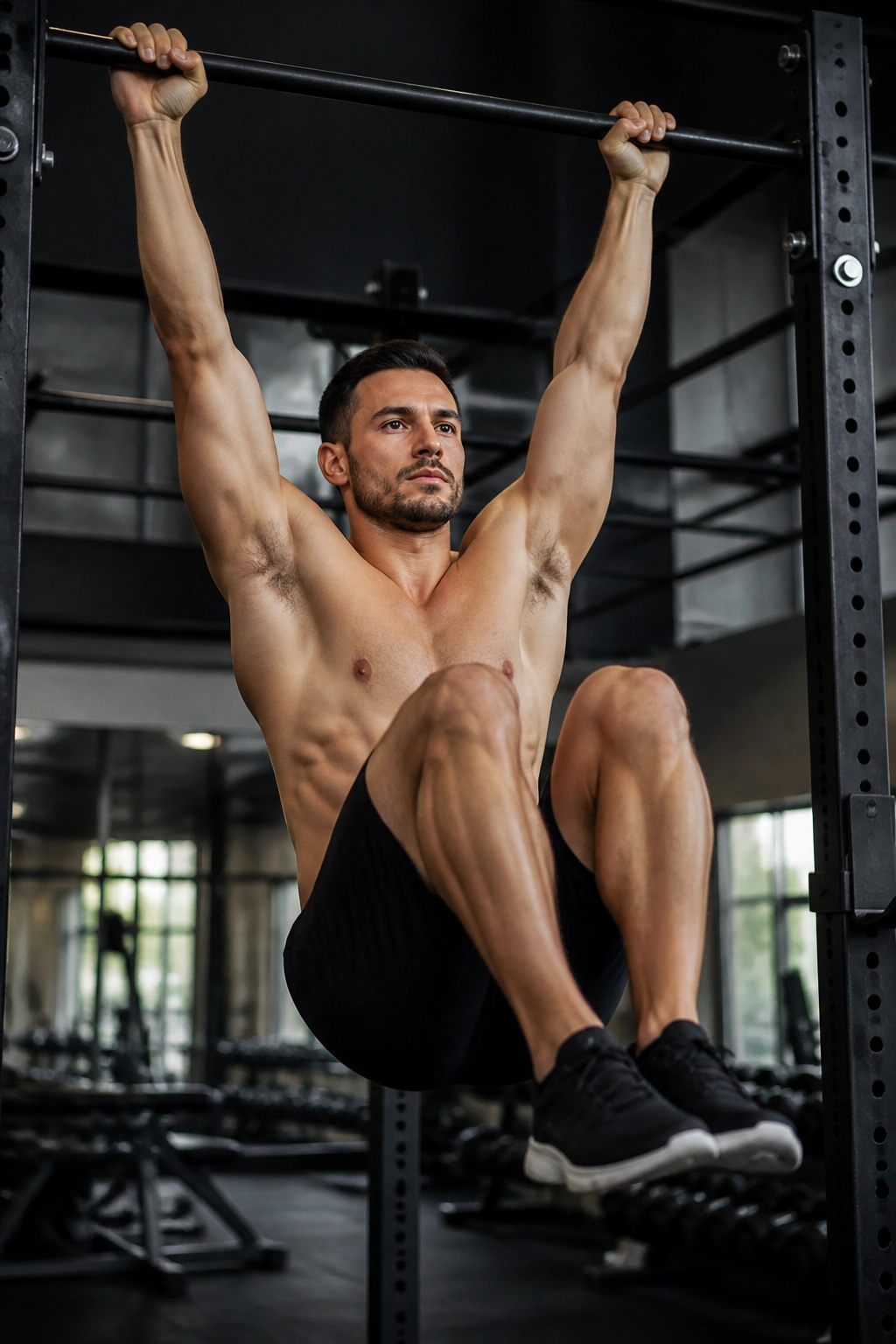 Medium-close image of a person performing hanging knee raises on a pull-up bar.