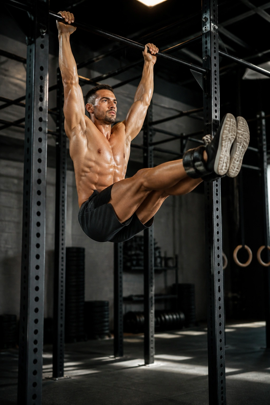 Person performing hanging leg raise with ankle weights on a pull-up bar in gym