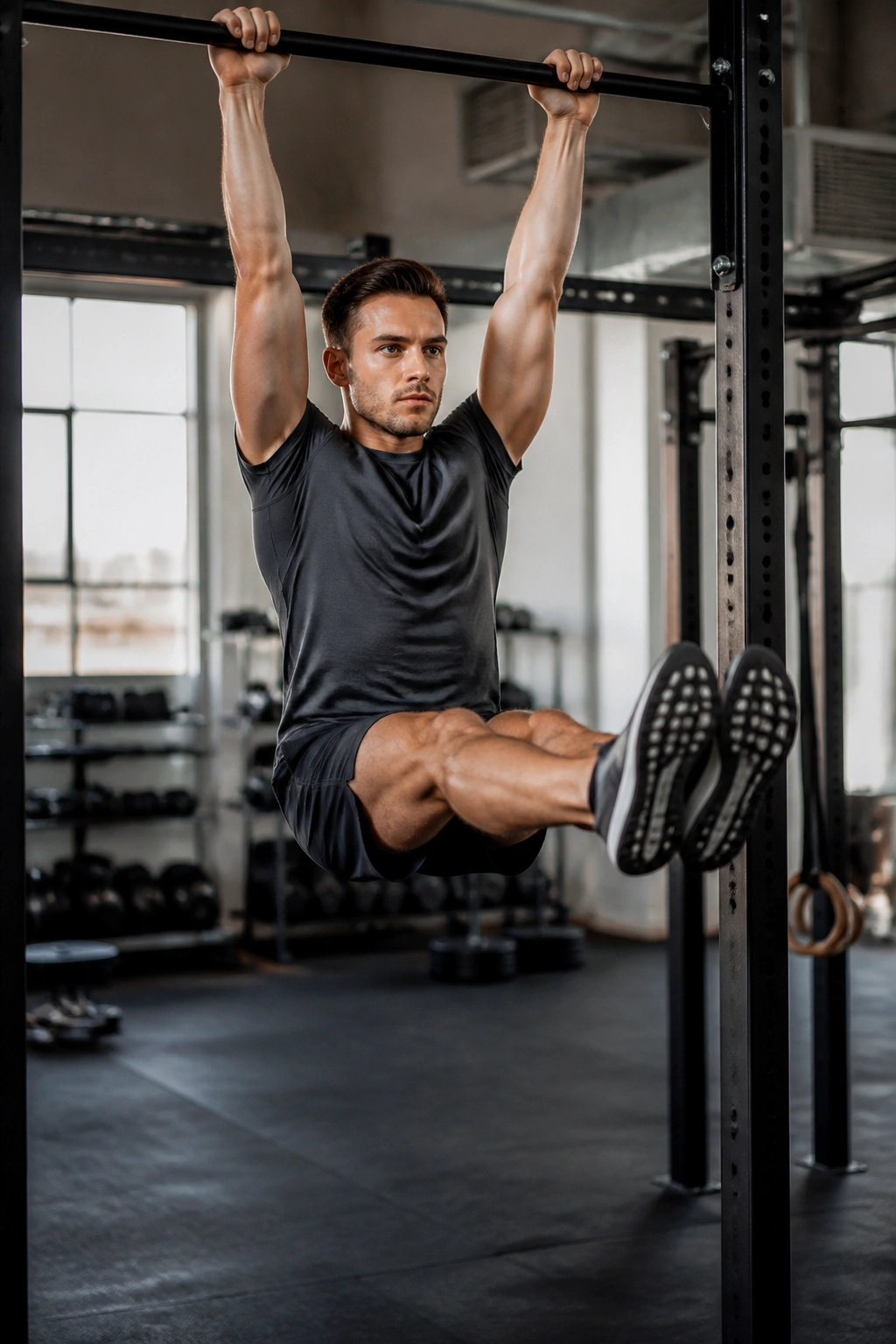 Real athlete performing hanging leg raise on high bar in gym, legs straight with controlled brace