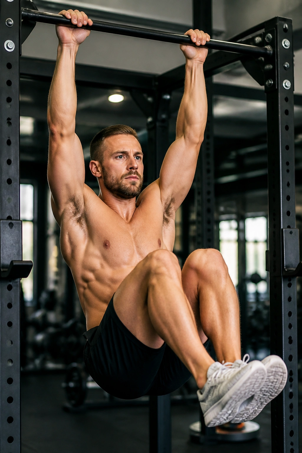 Close-up of person performing hanging leg raises on a pull-up bar