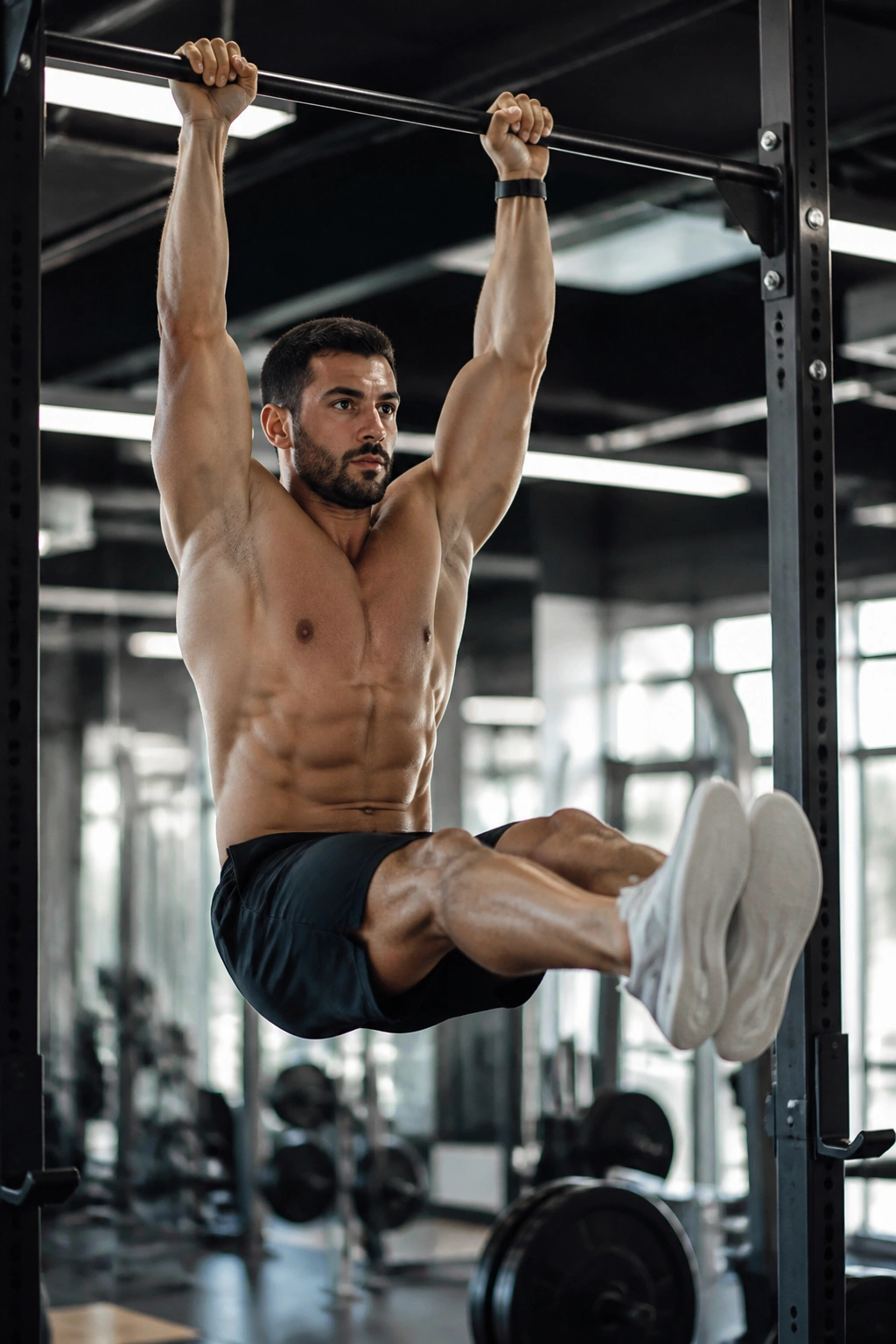 Person on pull-up bar performing leg raises with straight legs