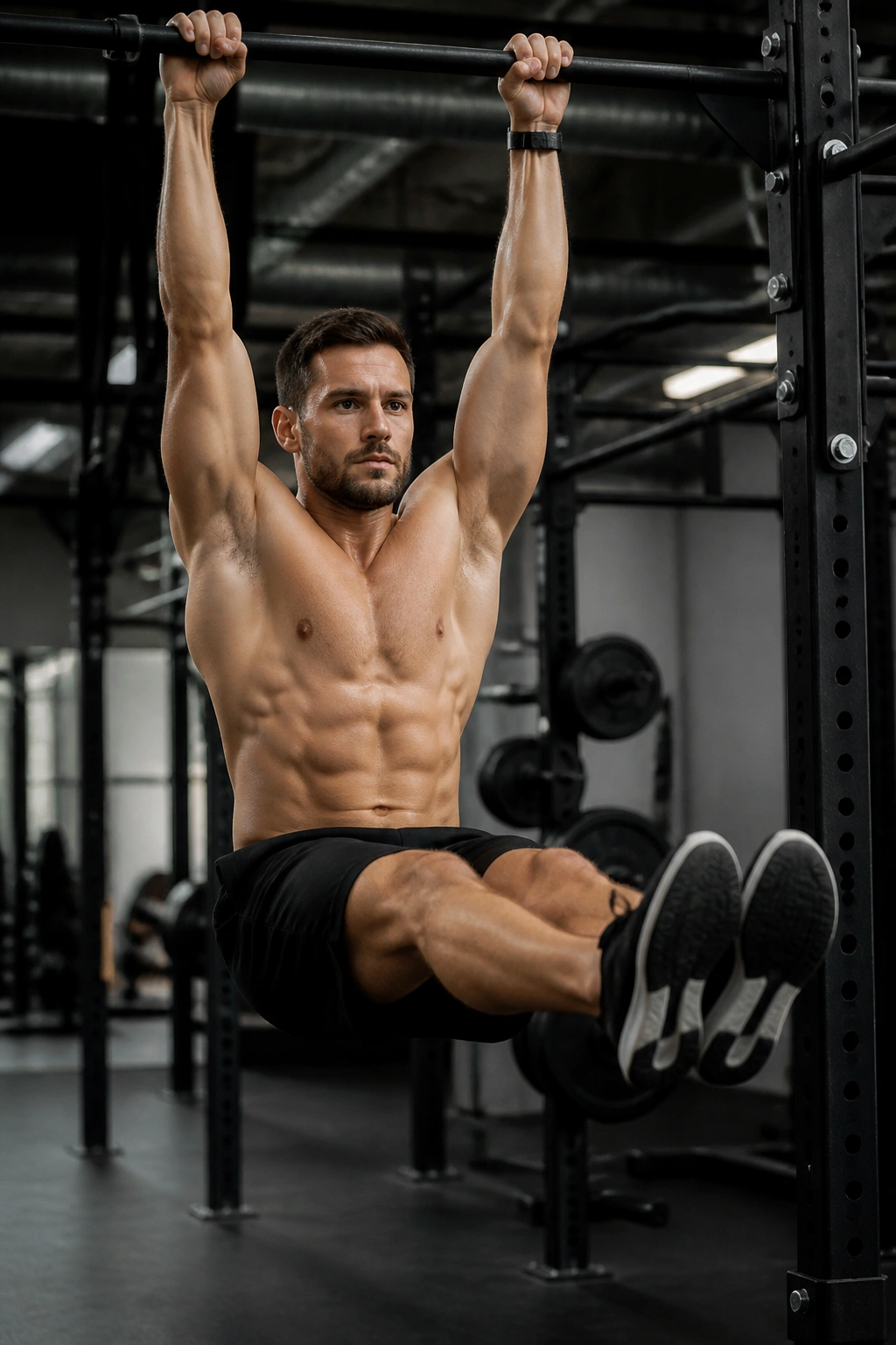 Person performing hanging leg raises on a pull-up bar